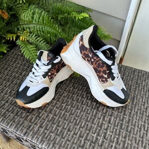 Guess Women's Black and White Sneakers with Leopard Accents
